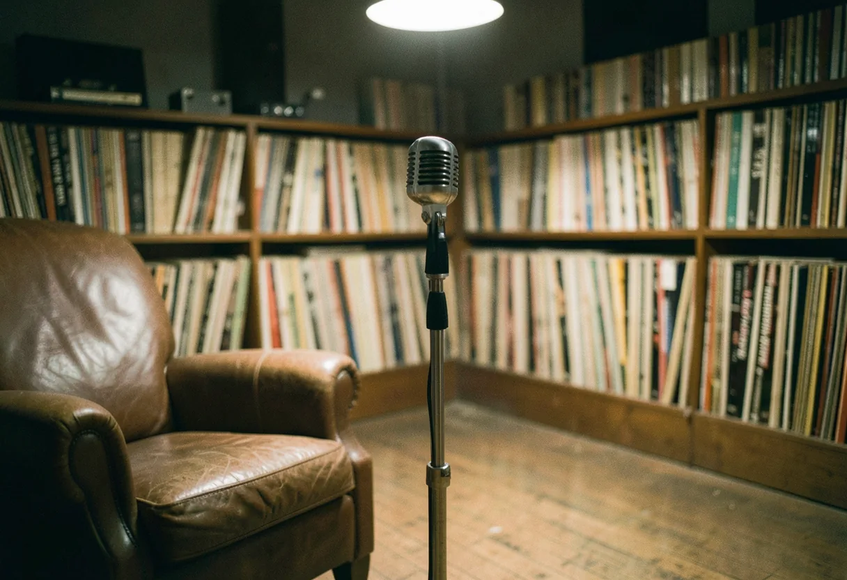 Vintage studio with wooden floor, soft lighting, early music recordings.