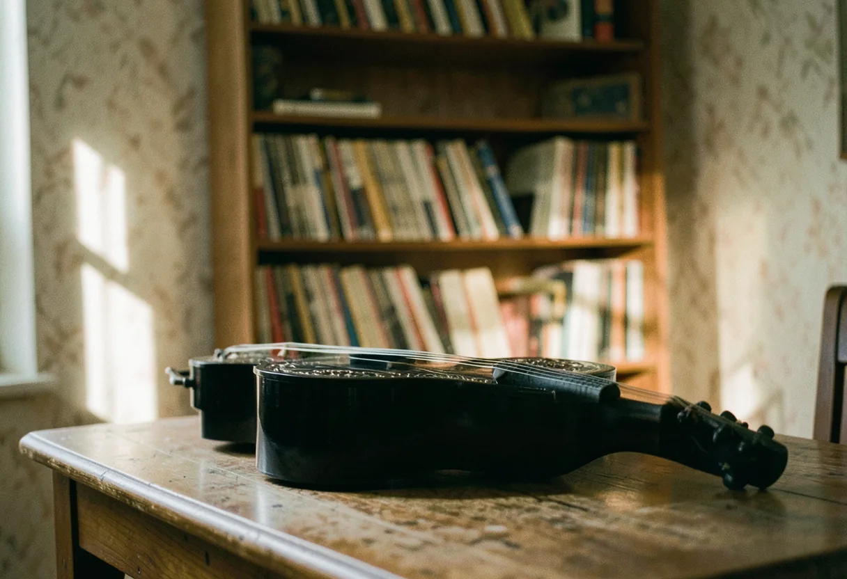 Black lute on weathered oak table, soft diffused lighting, muted colors, collector's guide.