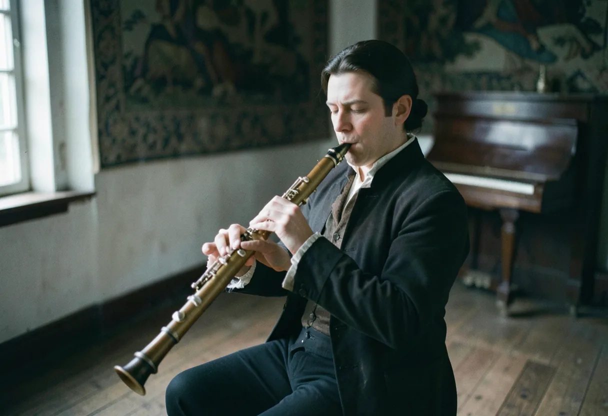 Musician in 18th-century attire playing brass woodwind, blending timbres, muted lighting, vintage aesthetic.