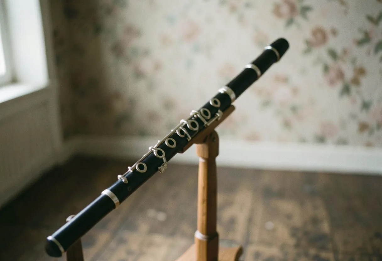 Soft light on a wooden music stand with a descant recorder, perfect for beginners.