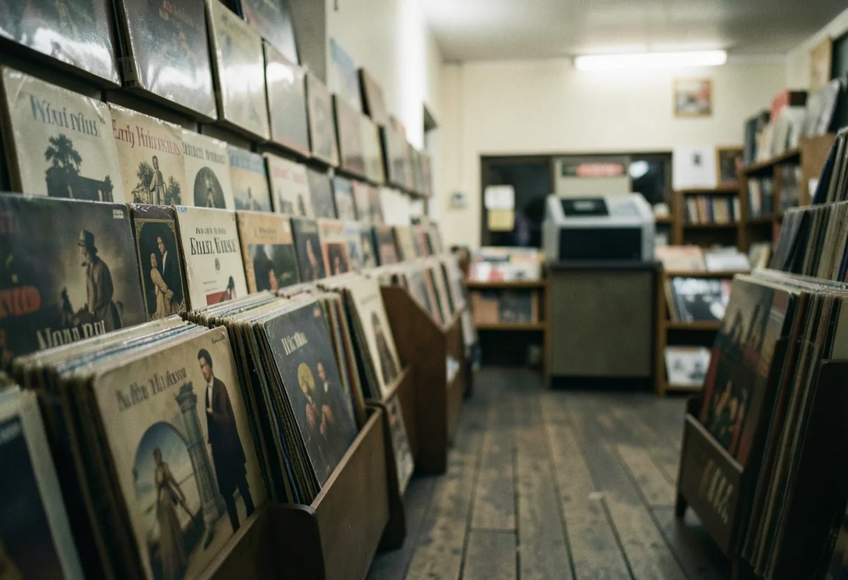 Dimly lit vinyl records on shelves in a narrow store aisle, early music recordings for sale.
