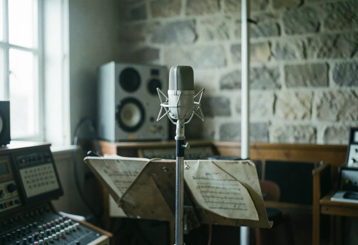 Vintage studio with early recording equipment, muted colors, soft lighting, public domain archives.
