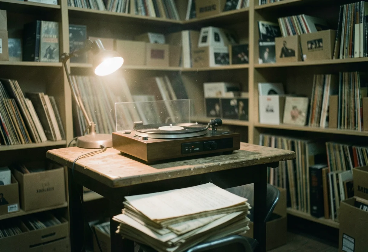Vintage archive room with shelves of aging vinyl records and cardboard boxes, early music sources historical recordings.