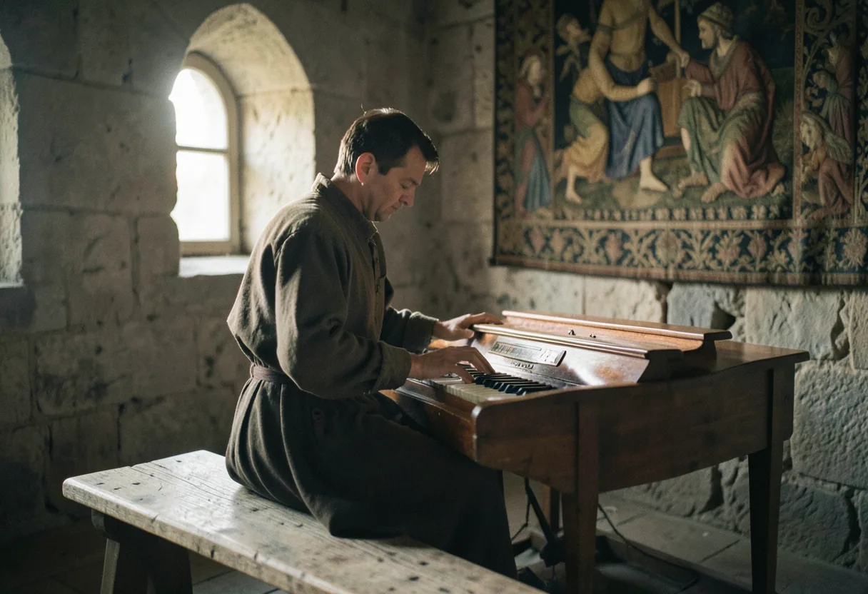 Medieval musician playing a lute in subdued lighting. Middle Ages instruments.
