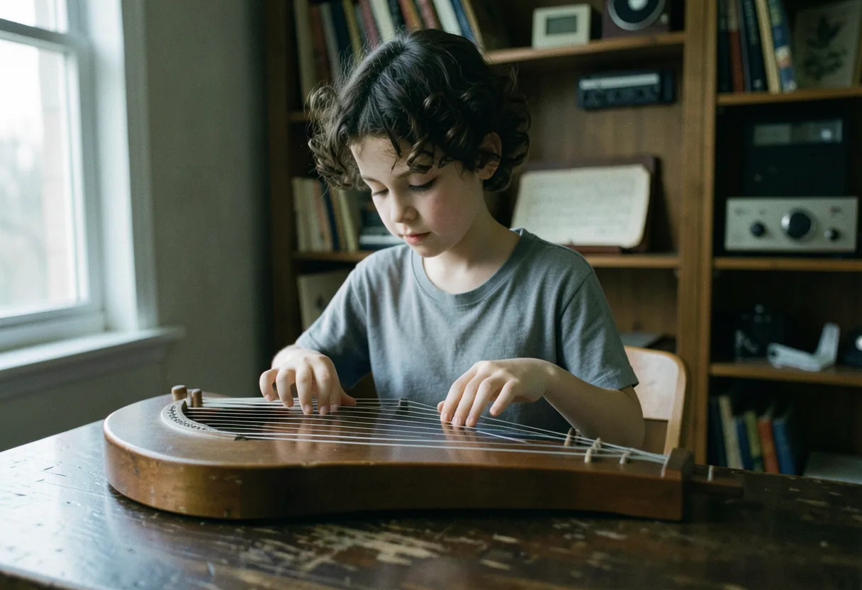 Lap harp on worn wooden table, soft lighting, beginner's guide illustration.