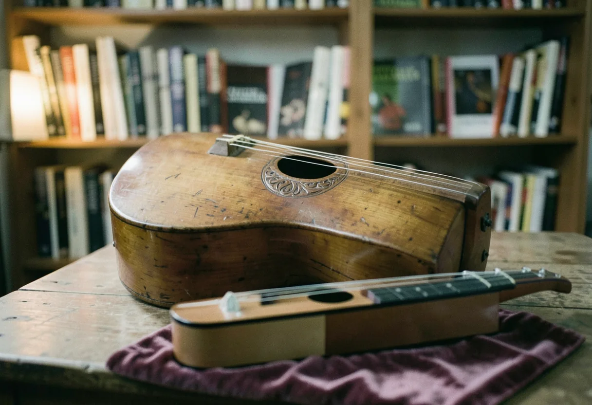 Vintage lute with aged wood, displayed in soft lighting, authentic vs modern comparison.