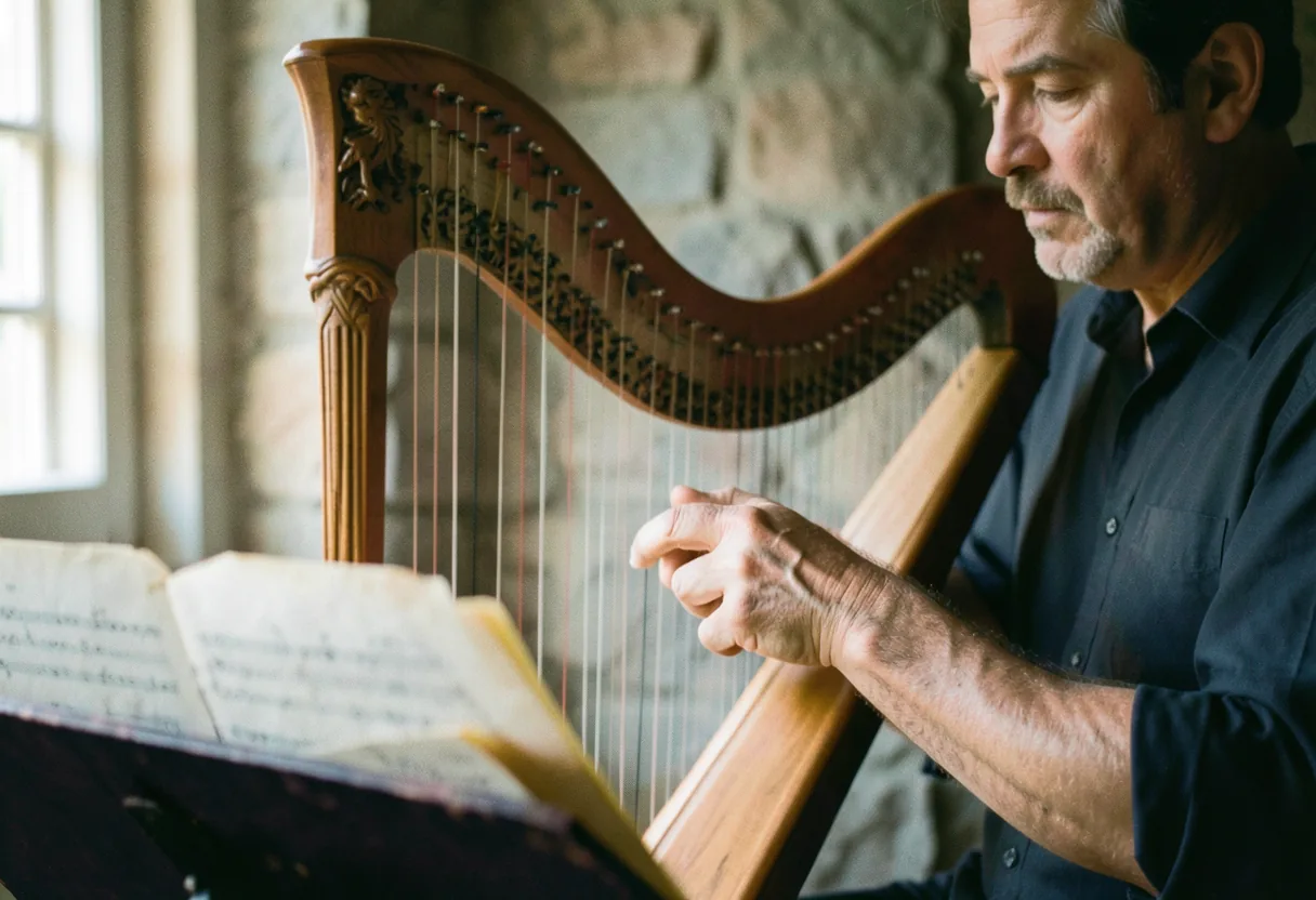 Hands plucking strings of a musical harp, muted colors, soft lighting.