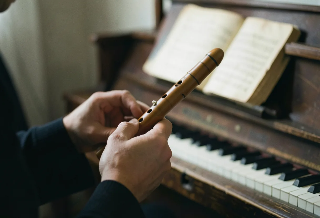 A wooden recorder holder with a student practicing, labeled "Ergonomic Playing Tips.