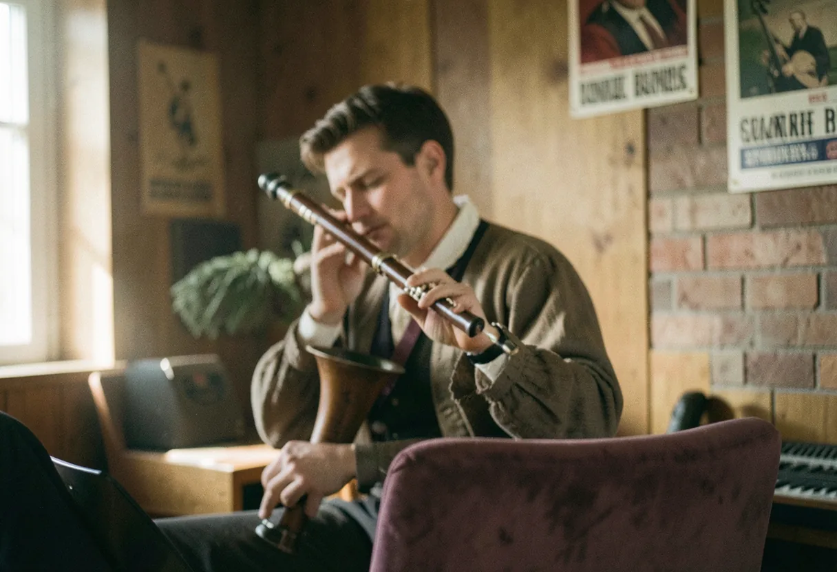 Shawm instrument in wood-paneled studio with soft, diffused light, muted colors.