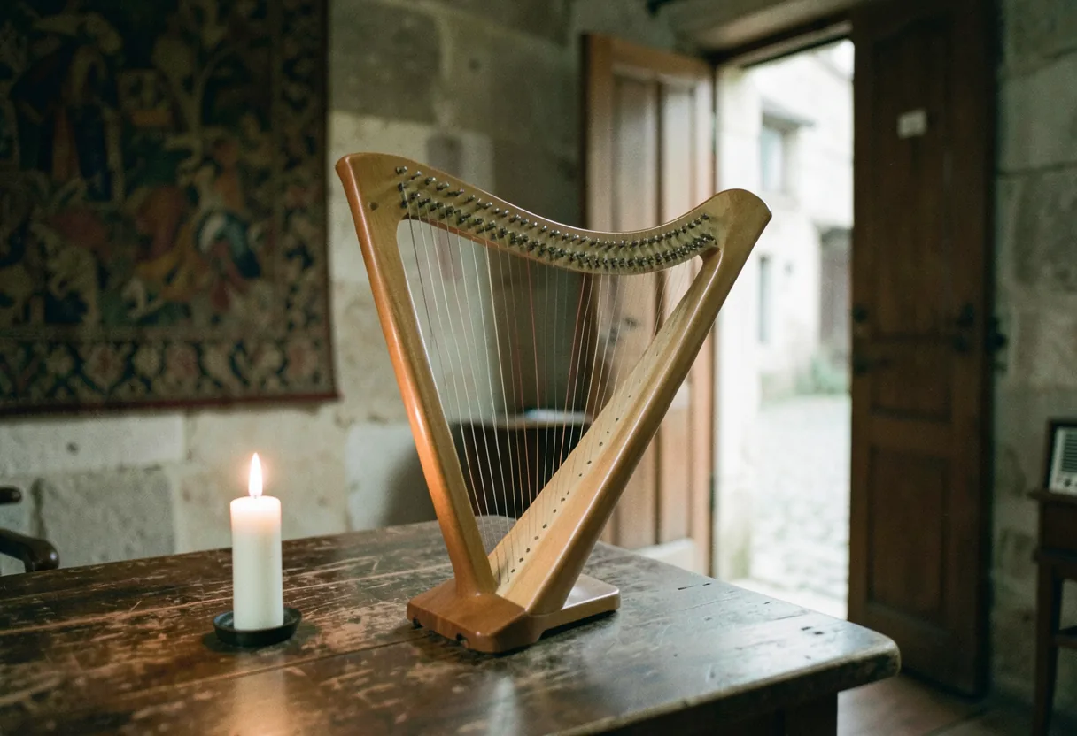 A small, portable early music harp with a polished wooden frame in muted, soft lighting.
