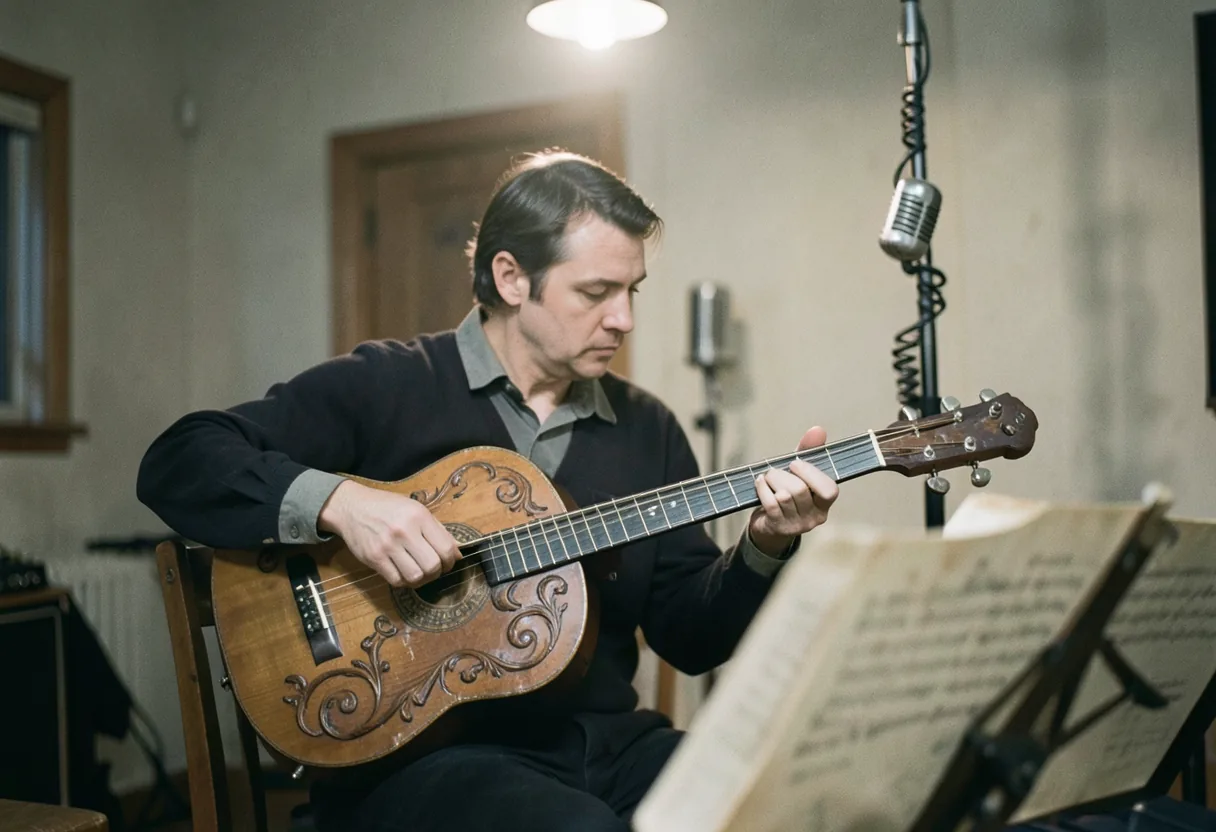 Musician playing lute in vintage studio, early plucked techniques.