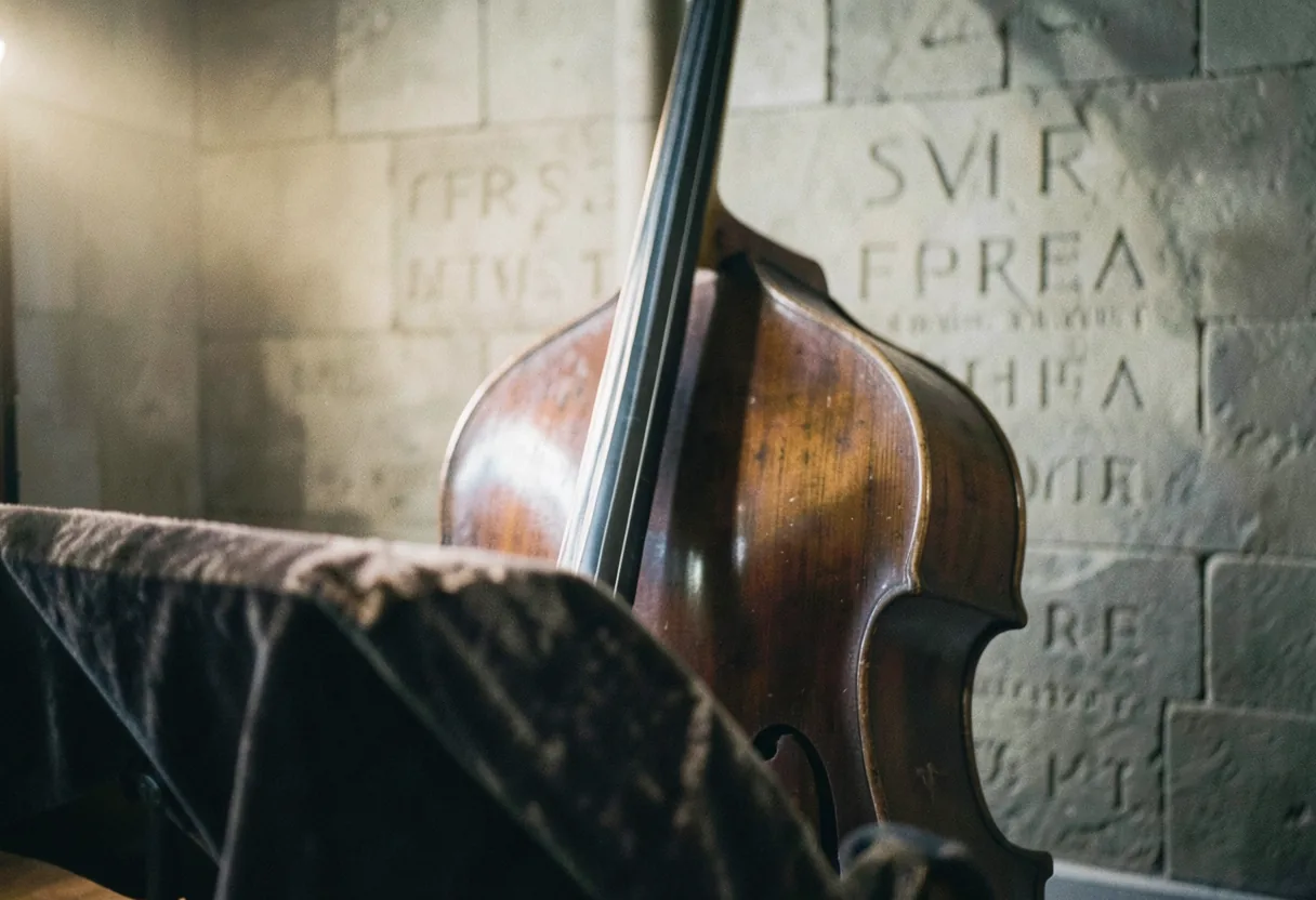 A vintage subcontrabass in muted tones under soft light, hinting at deep historical sounds.