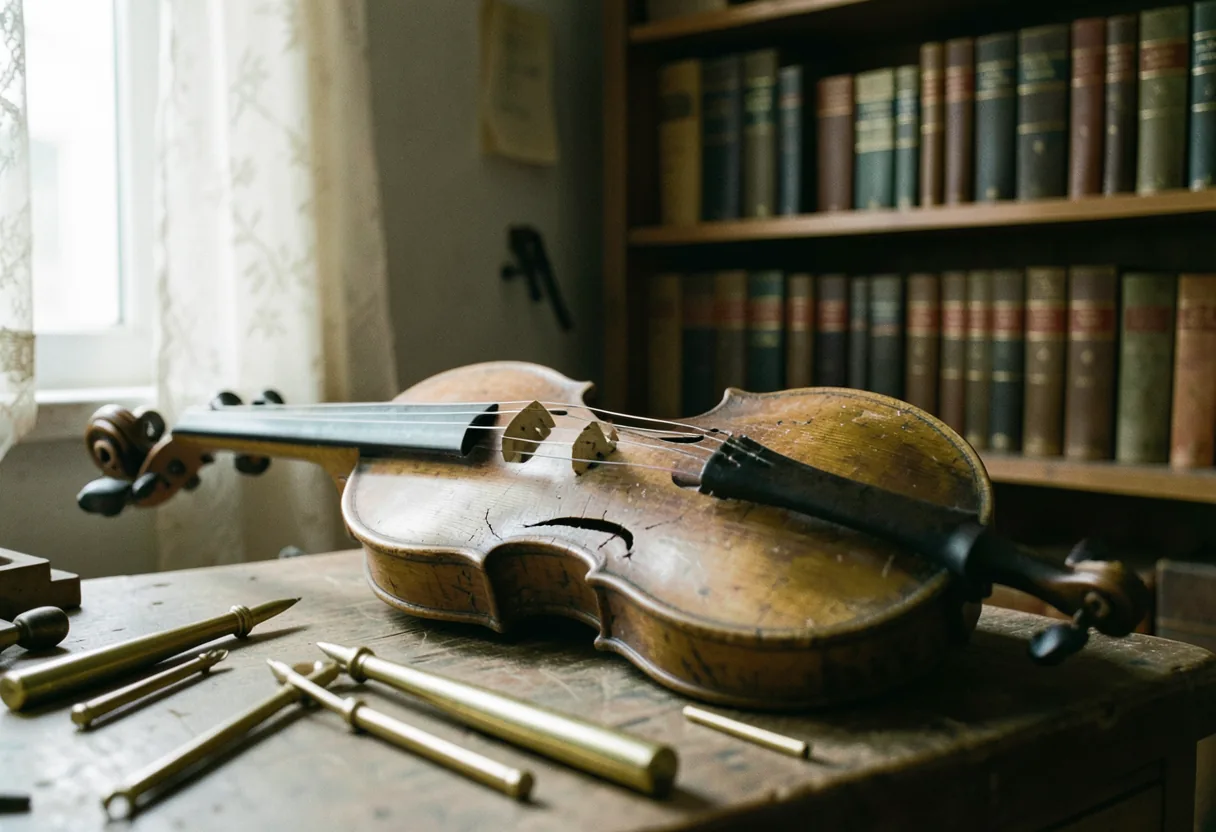 A medieval fiddle being restored in a workshop, muted colors, soft lighting.