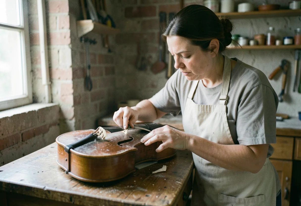 Restorer in apron carefully working on a virginal musical instrument under soft, diffused light.